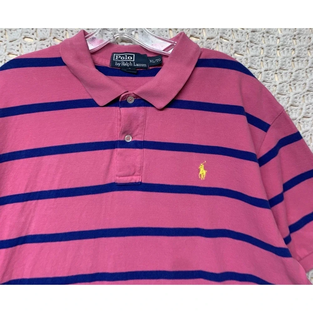 Vtg Polo Ralph Lauren Polo Shirt Men‎ XL Pink Blue Striped  Pony Long Sleeve